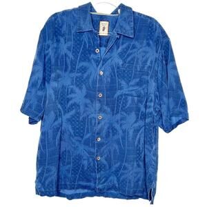JAMAICA JAXX Silk Hawaiian Button Down Shirt Short Sleeve Palm Tree Blue Size XL